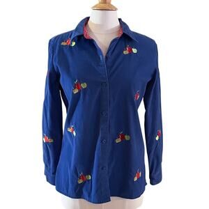 Quacker Factory Blue Corduroy Embroidered Button Down Shirt, Apple Print, Size S